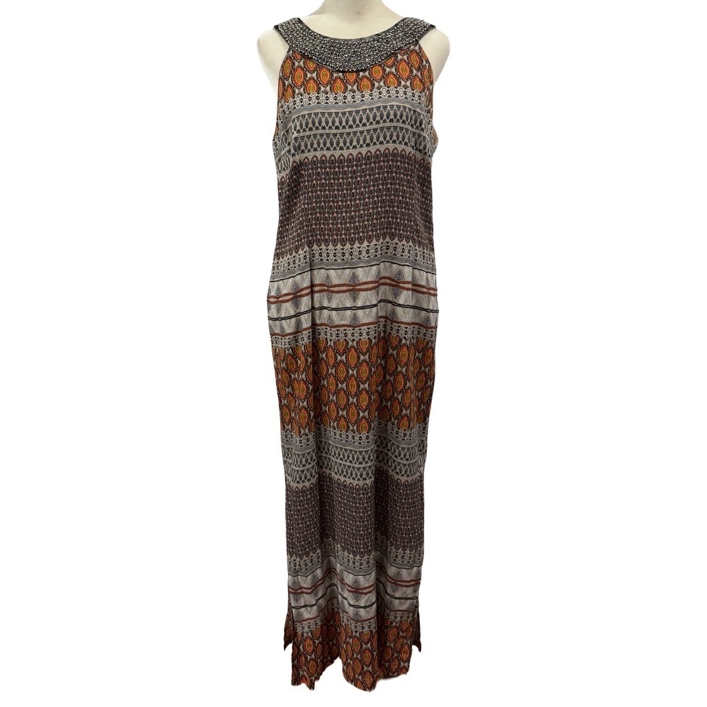 NWT Foley's Petite  Womens Tribal Beaded neckline cotton Maxi Dress Size 10P